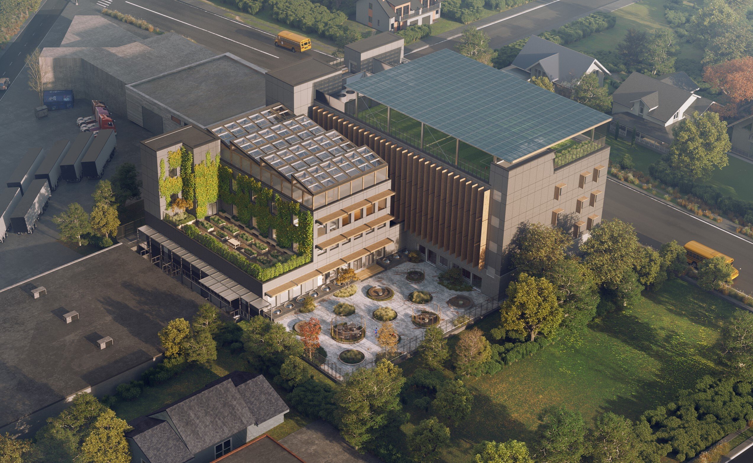 Evergreen Charter School Aerial Image. Hempstead, NY. Martin Hopp Architect.